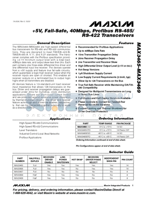 MAX3466CPD datasheet - 5V, Fail-Safe, 40Mbps, Profibus RS-485/ RS-422 Transceivers