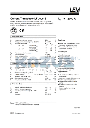 LF2005-S datasheet - Current Transducer LF 2005-S