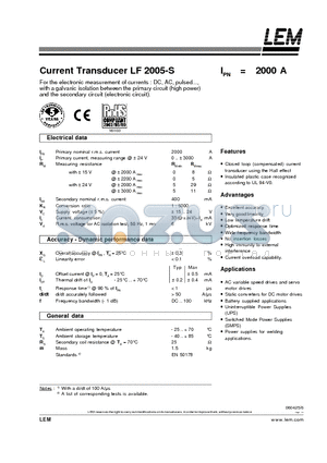 LF2005-S datasheet - Current Transducer