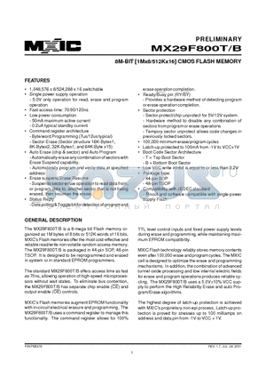 MX29F800T datasheet - 8M-BIT [1Mx8/512Kx16] CMOS FLASH MEMORY