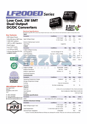 LF200ED datasheet - Low Cost, 2W SMT Dual Output DC/DC Converters