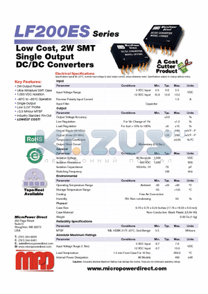 LF201ES datasheet - Low Cost, 2W SMT Single Output DC/DC Converters