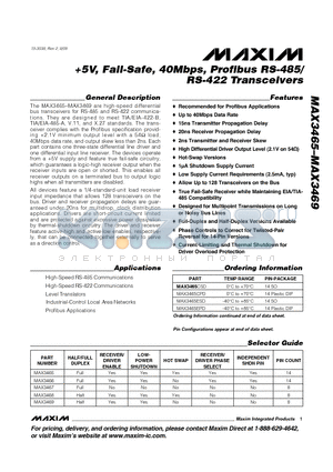 MAX3468 datasheet - 5V, Fail-Safe, 40Mbps, Profibus RS-485/RS-422 Transceivers