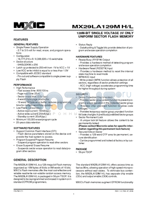 MX29GL033MBMC-70R datasheet - 128M-BIT SINGLE VOLTAGE 3V ONLY UNIFORM SECTOR FLASH MEMORY