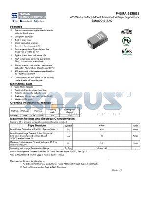 P4SMA75 datasheet - 400 Watts Suface Mount Transient Voltage Suppressor
