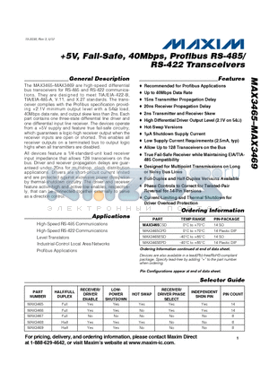 MAX3469ESA datasheet - 5V, Fail-Safe, 40Mbps, Profibus RS-485/RS-422 Transceivers