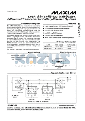 MAX3471CUA datasheet - 1.6lA, RS-485/RS-422, Half-Duplex, Differential Transceiver for Battery-Powered Systems