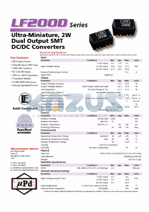 LF202D datasheet - Ultra-Miniature, 2W Dual Output SMT DC/DC Converters