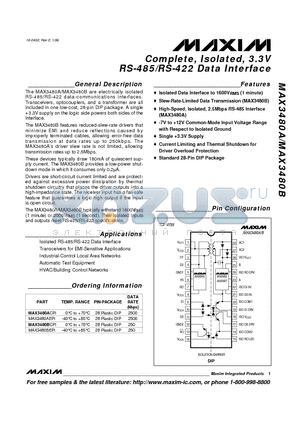 MAX3480AEPI datasheet - Complete, Isolated, 3.3V RS-485/RS-422 Data Interface