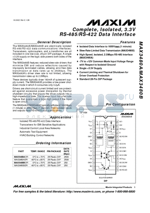 MAX3480BCPI datasheet - Complete, Isolated, 3.3V RS-485/RS-422 Data Interface