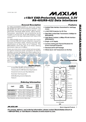 MAX3480EA datasheet - -15kV ESD-Protected, Isolated, 3.3V RS-485/RS-422 Data Interfaces