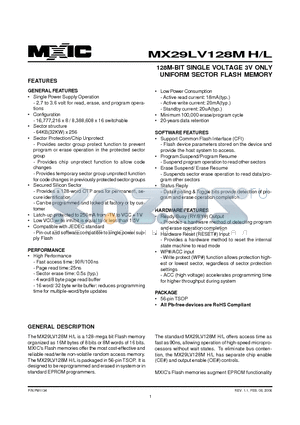 MX29GL033MBTC-70Q datasheet - 128M-BIT SINGLE VOLTAGE 3V ONLY UNIFORM SECTOR FLASH MEMORY