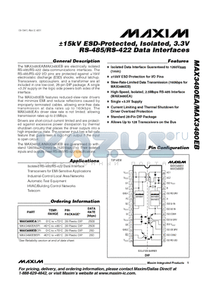 MAX3480EACPI datasheet - -15kV ESD-Protected, Isolated, 3.3V RS-485/RS-422 Data Interfaces