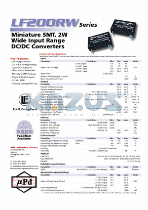 LF204RW datasheet - Miniature SMT, 2W Wide Input Range DC/DC Converters