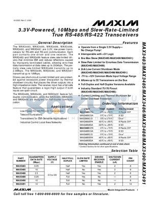 MAX3483 datasheet - 3.3V-Powered, 10Mbps and Slew-Rate-Limited True RS-485/RS-422 Transceivers
