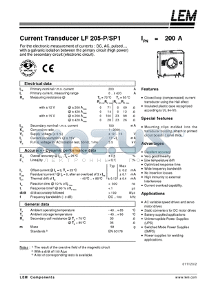 LF205-P/SP1 datasheet - Current Transducer LF 205-P/SP1