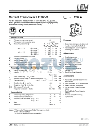 LF205-S datasheet - CURRENT TRANSDUCER LF 205-S
