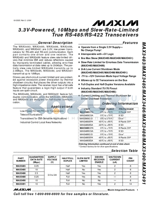 MAX3483CPA datasheet - 3.3V-Powered, 10Mbps and Slew-Rate-Limited True RS-485/RS-422 Transceivers