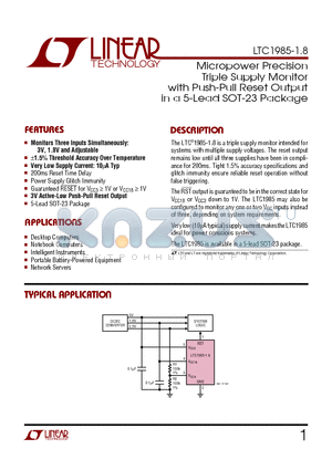 LTC1985-1.8 datasheet - Micropower Precision Triple Supply Monitor with Push-Pull Reset Output in a 5-Lead SOT-23 Package