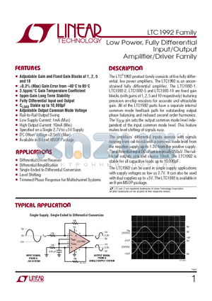 LTC1992-10IMS8 datasheet - Low Power, Fully Differential Input/Output Amplifier/Driver Family