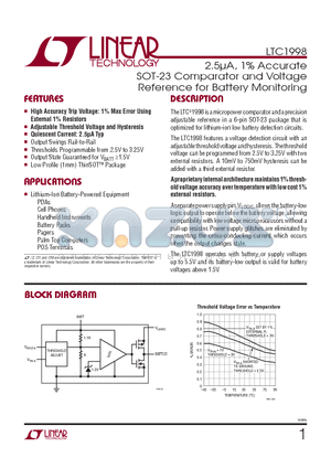 LTC1998IS6-PBF datasheet - 2.5lA, 1% Accurate SOT-23 Comparator and Voltage Reference for Battery Monitoring