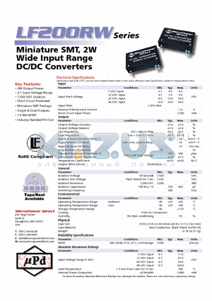 LF234RW datasheet - Miniature SMT, 2W Wide Input Range DC/DC Converters