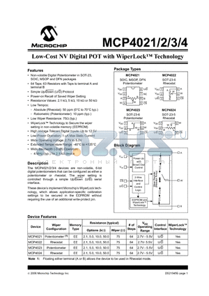 MCP4021-103E/SN datasheet - Low-Cost NV Digital POT with WiperLock Technology