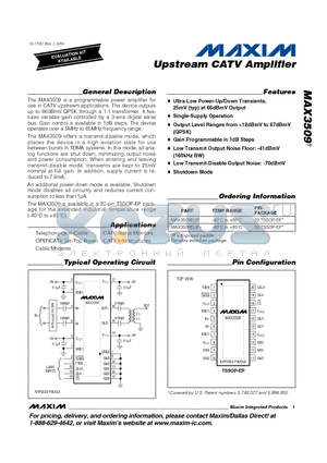 MAX3509EUP datasheet - Upstream CATV Amplifier