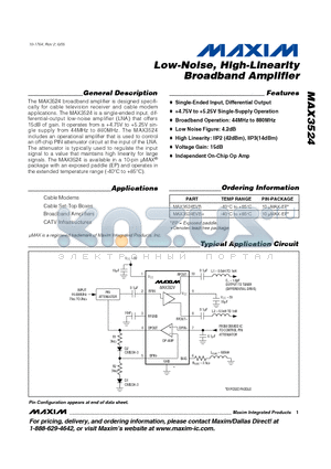 MAX3524 datasheet - Low-Noise, High-Linearity Broadband Amplifier