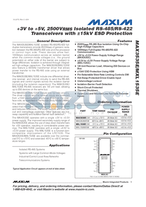 MAX3535ECWI datasheet - 3V to 5V, 2500VRMS Isolated RS-485/RS-422 Transceivers with a15kV ESD Protection