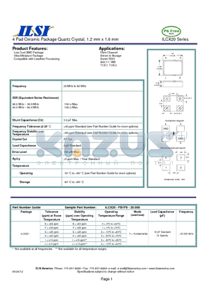 ILCX20-BI0F18-20.000 datasheet - 4 Pad Ceramic Package Quartz Crystal, 1.2 mm x 1.6 mm