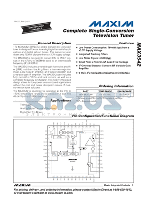 MAX3542CLM datasheet - Complete Single-Conversion Television Tuner Low Noise Figure: 4.9dB (typ)