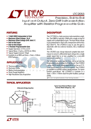 LTC2053 datasheet - Precision, Rail-to-Rail Input and Output, Zero-Drift Instrumentation Amplifier with Resistor-Programmable Gain