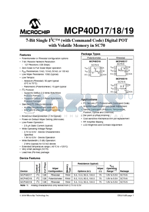 MCP40D19-103E/LT datasheet - 7-Bit Single I2C (with Command Code) Digital POT with Volatile Memory in SC70