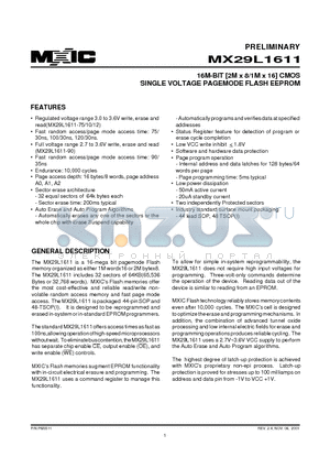 MX29L1611TC-12 datasheet - 16M-BIT [2M x 8/1M x 16] CMOS SINGLE VOLTAGE PAGEMODE FLASH EEPROM