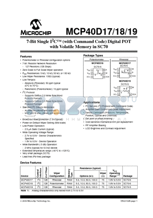 MCP40D19-104AE/LT datasheet - 7-Bit Single I2C (with Command Code) Digital POT with Volatile Memory in SC70