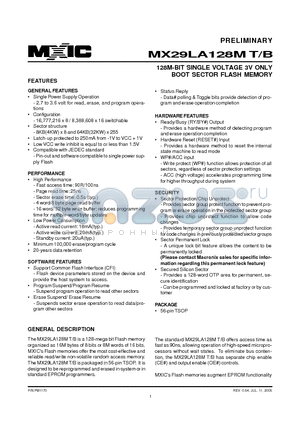 MX29LA128MBTC-10 datasheet - 128M-BIT SINGLE VOLTAGE 3V ONLY BOOT SECTOR FLASH MEMORY