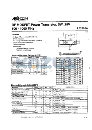 LF2805A datasheet - RF MOSFET Power Transistor, 5W, 28V 500 - 1000 MHz