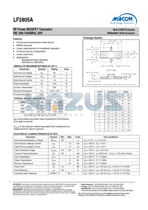 LF2805A datasheet - RF Power MOSFET Transistor 5W, 500-1000MHz, 28V