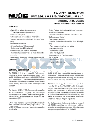 MX29L1611PC-10 datasheet - 16M-BIT [2M x 8/1M x 16] CMOS SINGLE VOLTAGE FLASH EEPROM