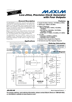 MAX3624AETJ+ datasheet - Low-Jitter, Precision Clock Generator with Four Outputs