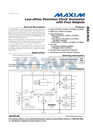 MAX3624UTJ datasheet - Low-Jitter, Precision Clock Generator with Four Outputs