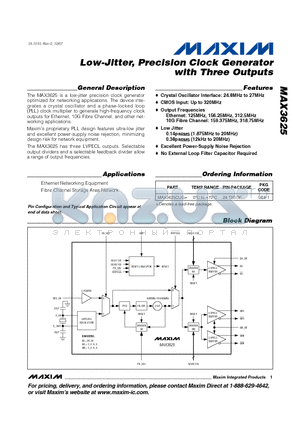 MAX3625 datasheet - Low-Jitter, Precision Clock Generator with Three Outputs