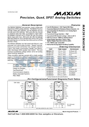 MAX362EJE datasheet - Precision, Quad, SPST Analog Switches