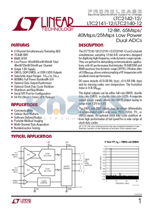 LTC2140-12 datasheet - 12-Bit, 65Msps/ 40Msps/25Msps Low Power Dual ADCs