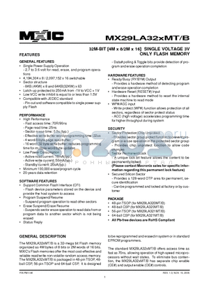 MX29LA320MBXEC-90G datasheet - 32M-BIT [4M x 8/2M x 16] SINGLE VOLTAGE 3V ONLY FLASH MEMORY