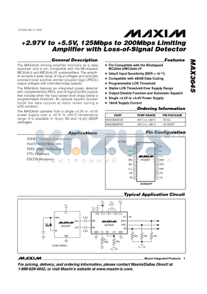 MAX3645 datasheet - 2.97V to 5.5V, 125Mbps to 200Mbps Limiting Amplifier with Loss-of-Signal Detector