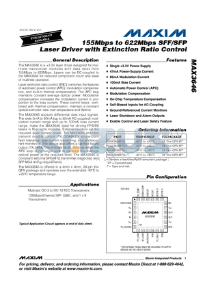 MAX3646ETG datasheet - 155Mbps to 622Mbps SFF/SFP Laser Driver with Extinction Ratio Control