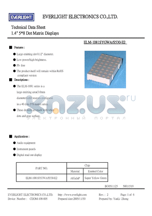 ELM-1081SYGWA/S530-E2 datasheet - 1.4 inch 5*8 Dot Matrix Displays