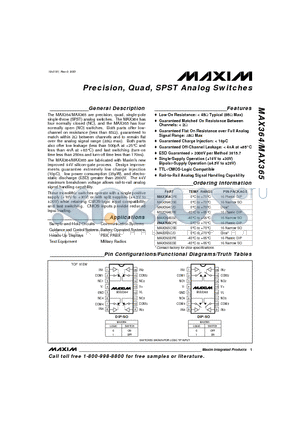 MAX364CSE datasheet - Precision, Quad, SPST Analog Switches